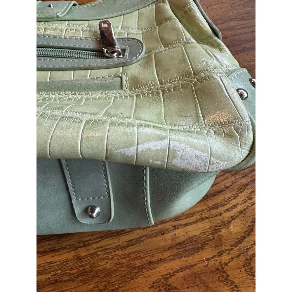 M.C Sage Green Croc Embossed Shoulder Bag | Rhinestone Western Buckle Studded